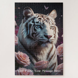 Tiger sitting in a pink rose garden jigsaw puzzle