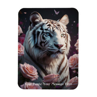 Tiger sitting in a pink rose garden magnet