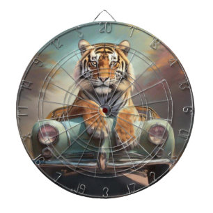 Tiger sitting on a sports car dart board