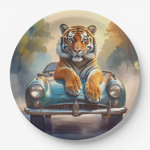 Tiger sitting on a sports car paper plates