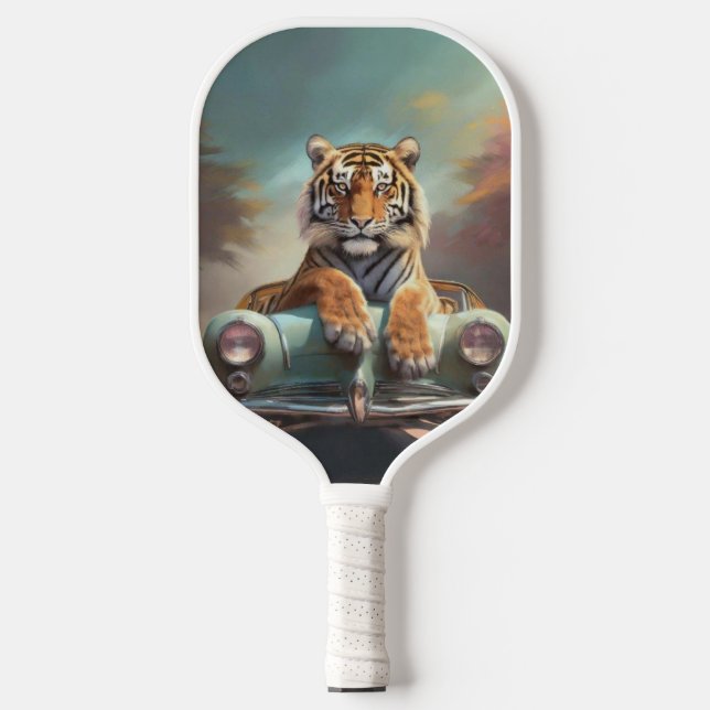 Tiger sitting on a sports car  pickleball paddle (Front)