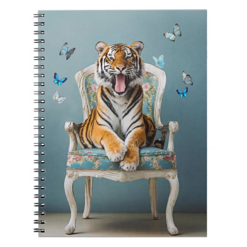 Tiger sitting on a vintage chair blue butterflies notebook