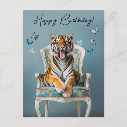 Tiger sitting on a vintage chair blue butterflies postcard