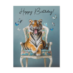 Tiger sitting on a vintage chair blue butterflies postcard