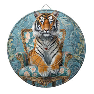 Tiger sitting on a vintage chair dart board