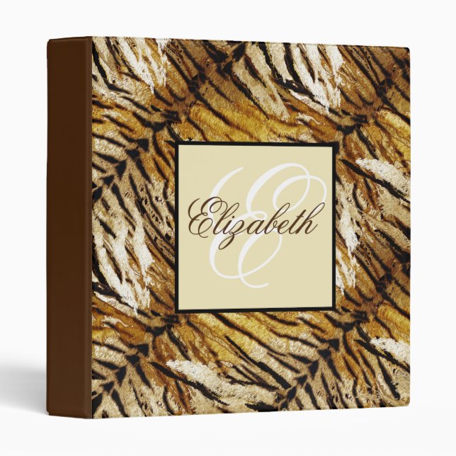 Tiger skin, monogram, stylish, tiger, striped 3 ring binder (Front/Spine)