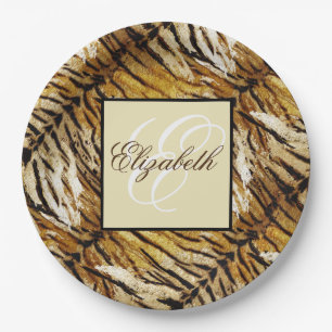 Tiger skin, monogram, stylish, tiger, striped, ani paper plates