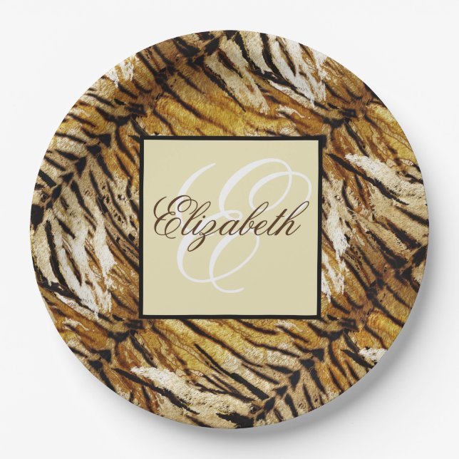 Tiger skin, monogram, stylish, tiger, striped, ani paper plates (Front)