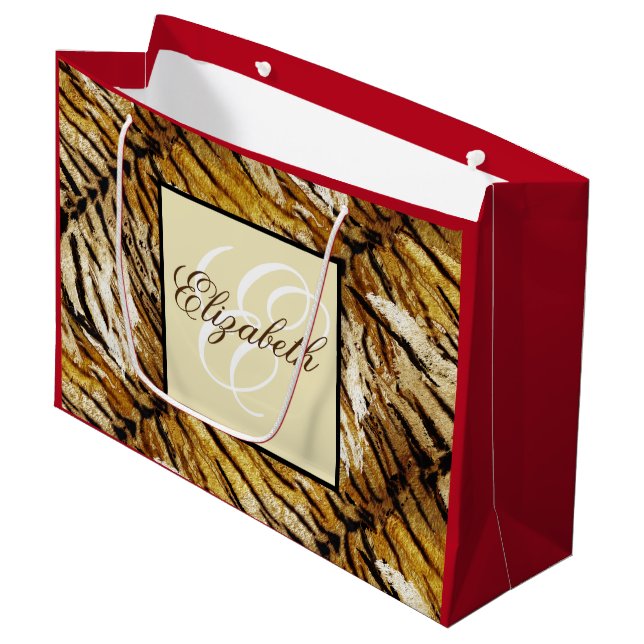 Tiger skin, monogram, stylish, tiger, striped large gift bag (Front Angled)