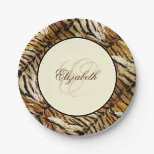 Tiger skin, monogram, stylish, tiger, striped paper plates
