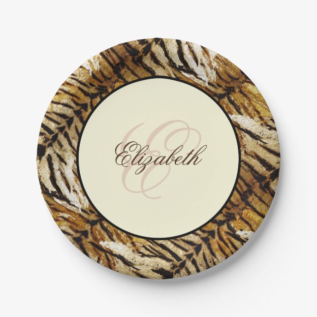 Tiger skin, monogram, stylish, tiger, striped paper plates (Front)