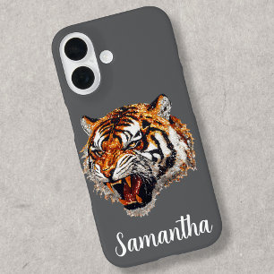 Tiger Snarling Faux Sequin Look Personalized iPhone 16 Case