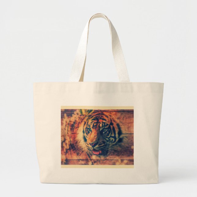Tiger Spring Faux Wood Grunge Large Tote Bag (Front)