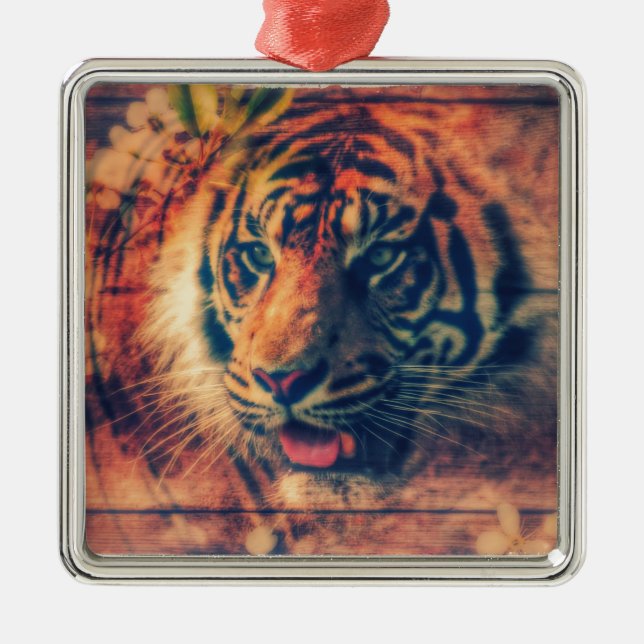 Tiger Spring Faux Wood Grunge Metal Ornament (Front)