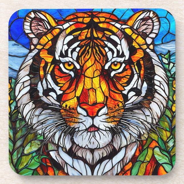 Tiger stained glass beverage coaster (Front)