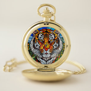 Tiger stained glass pocket watch