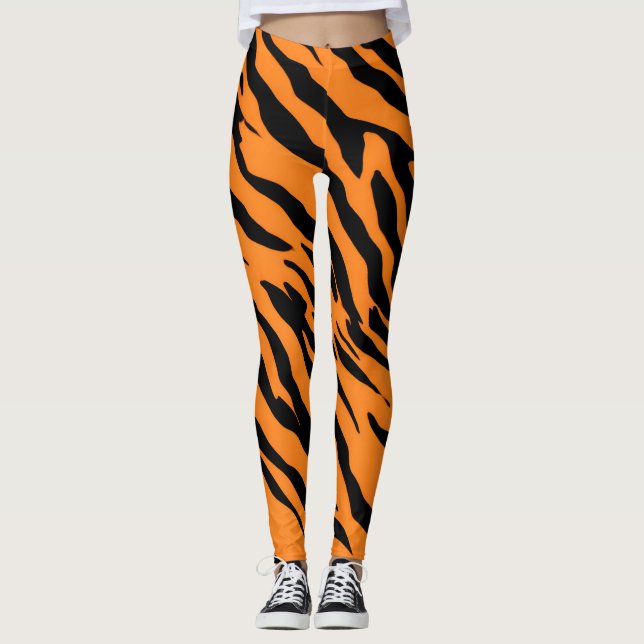 Tiger Stripe black Orange Wild Animal skin pattern Leggings (Front)