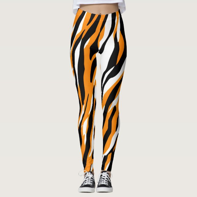 Tiger Stripe black Orange Wild Animal skin pattern Leggings (Front)