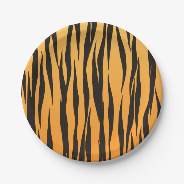 Tiger Stripe Gold Black Animal Print Wedding Party Paper Plates (Front)
