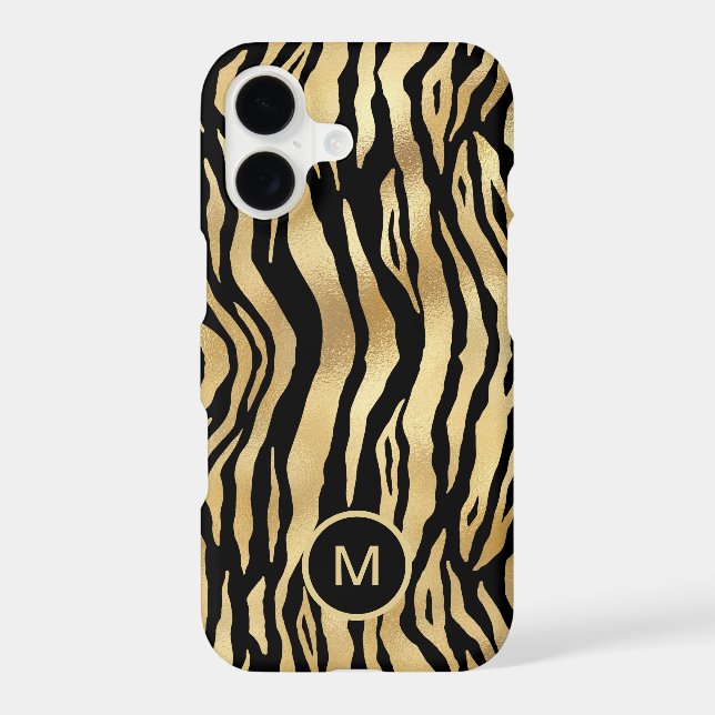 Tiger Stripe Pattern Monogram Initial Gold Black iPhone Case (Back)