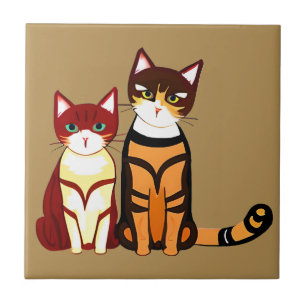Tiger Striped Cat and Ginger Kitten Ceramic Tile