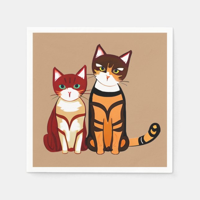Tiger Striped Cat and Ginger Kitten Napkins (Front)