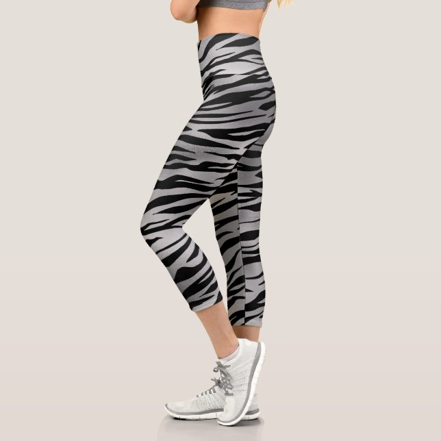 Tiger Stripes Animal Fur Metallic Silver Capri Leggings (Left)