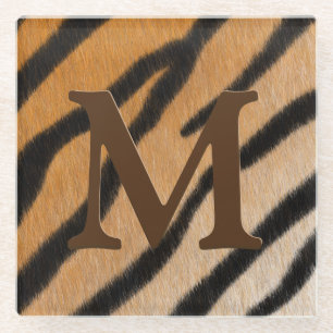 Tiger Stripes Animal Print Mahogany Monogram Glass Coaster