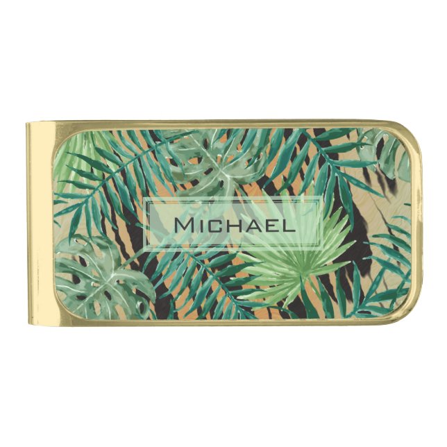 Tiger Stripes Jungle Camouflage Personalised Gold Finish Money Clip (Front)