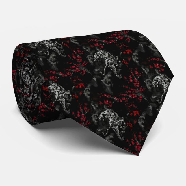 Tiger surrounded by flowers neck tie (Rolled)