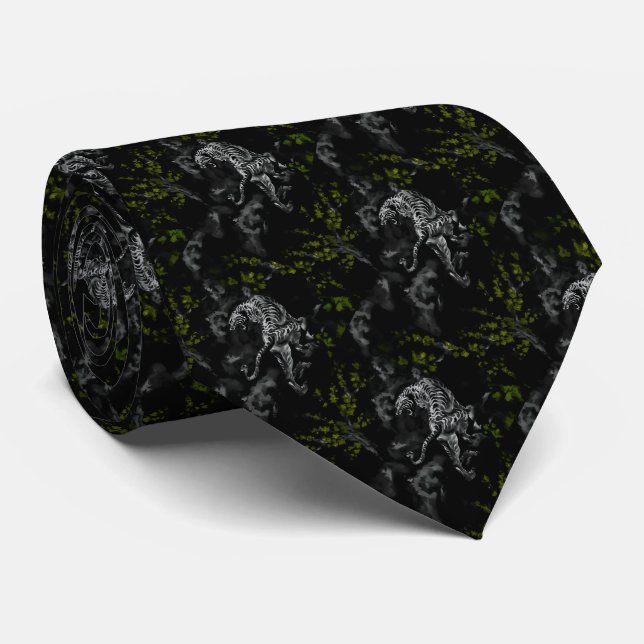 Tiger surrounded by flowers Olive green Cravate Neck Tie (Rolled)