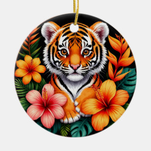 Tiger Surrounded by Tropical Flowers Ceramic Ornament