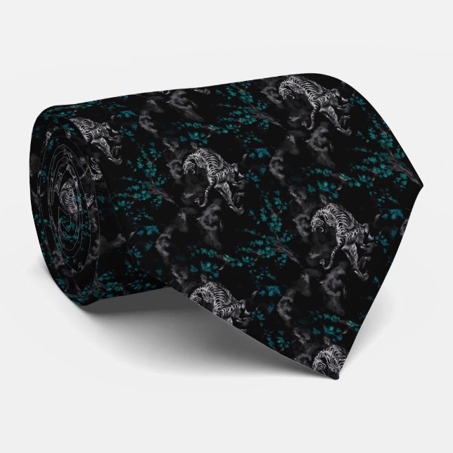 Tiger surrounded by turquoise flowers Cravate Neck Tie (Rolled)