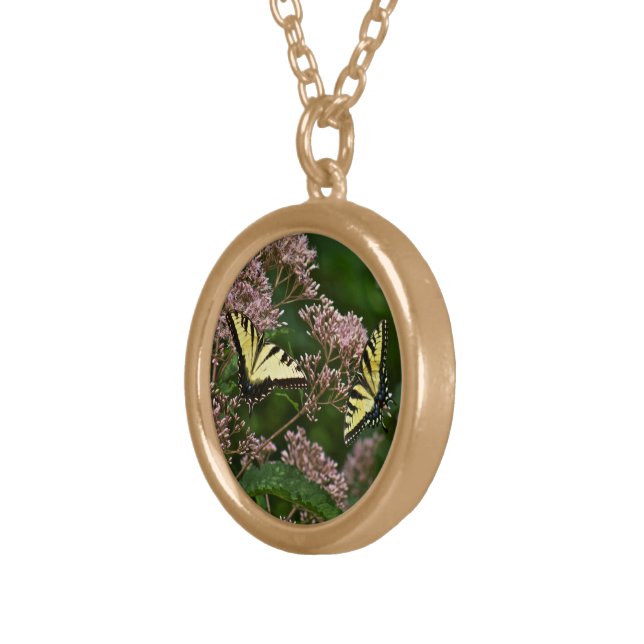 Tiger Swallowtail Butterflies on Joe Pye Weed Gold Plated Necklace (Front Right)