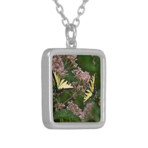 Tiger Swallowtail Butterflies on Joe Pye Weed Silver Plated Necklace
