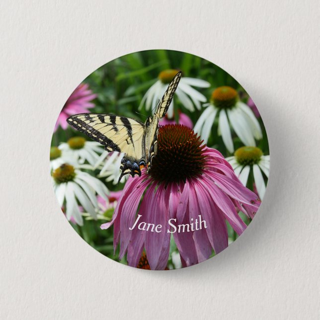Tiger Swallowtail Butterfly Coneflower Pin Button (Front)