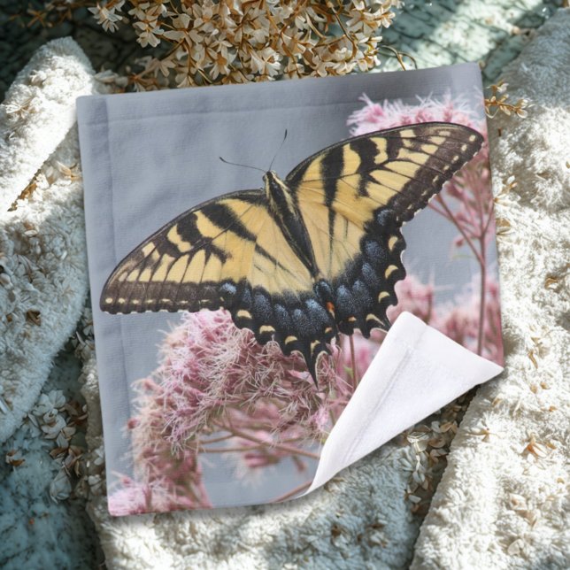 Tiger Swallowtail Butterfly on Pink Wild flower Wash Cloth (Beautiful rustic nature inspired blue, yellow, and pink nature washcloth with swallowtail butterfly.)