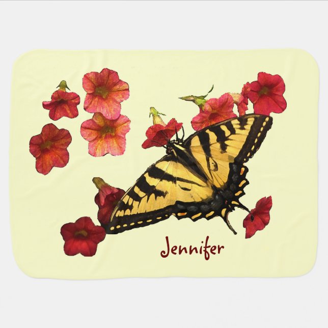 Tiger Swallowtail Butterfly on Red Flowers Baby Blanket (Horizontal)