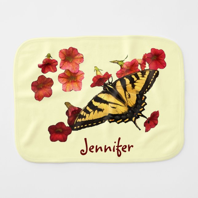 Tiger Swallowtail Butterfly on Red Flowers Baby Burp Cloth (Front Horizontal)