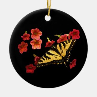 Tiger Swallowtail Butterfly on Red Flowers Ceramic Ornament