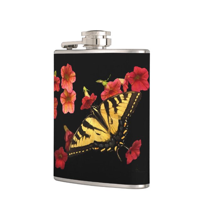 Tiger Swallowtail Butterfly on Red Flowers Flask (Left)