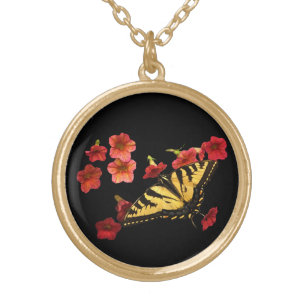 Tiger Swallowtail Butterfly on Red Flowers Gold Plated Necklace