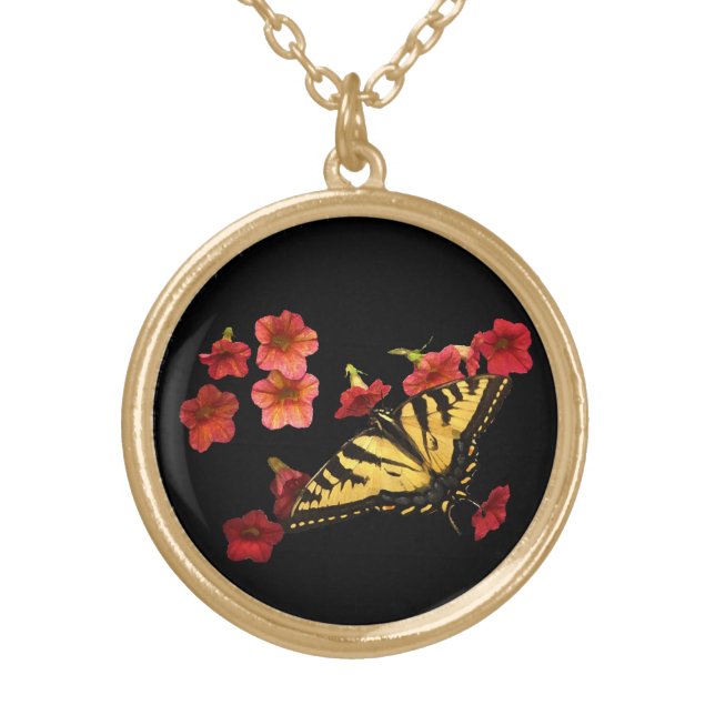 Tiger Swallowtail Butterfly on Red Flowers Gold Plated Necklace (Front)