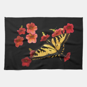 Tiger Swallowtail Butterfly on Red Flowers Kitchen Towel