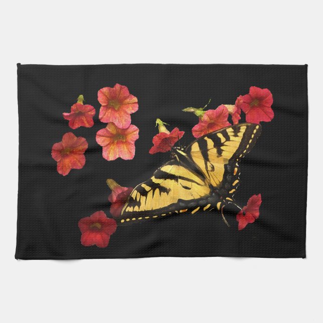 Tiger Swallowtail Butterfly on Red Flowers Kitchen Towel (Horizontal)