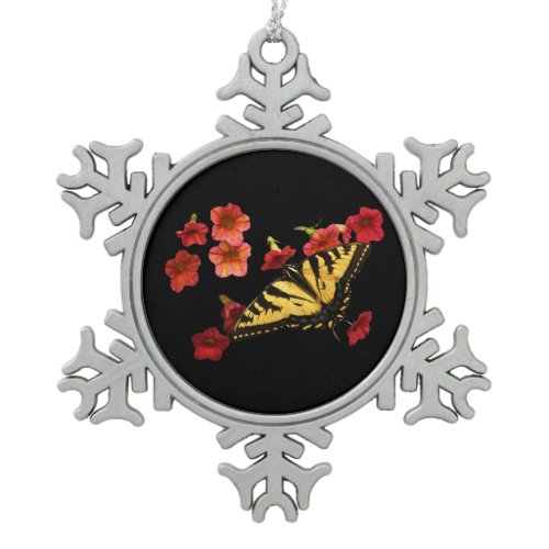Tiger Swallowtail Butterfly on Red Flowers Snowflake Pewter Christmas Ornament