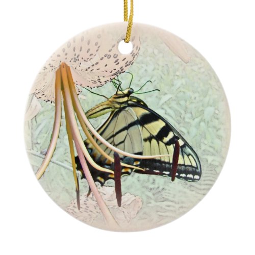 Tiger Swallowtail Butterfly on Turk's Cap Lily Ceramic Ornament