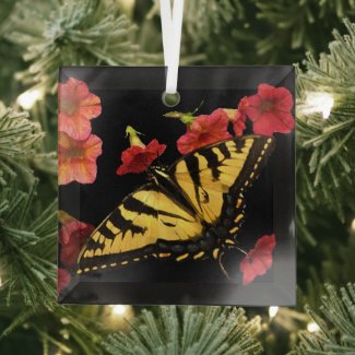 Tiger Swallowtail on Red Flowers  Beveled Glass  Glass Ornament