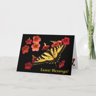 Tiger Swallowtail on Red Flowers Easter Holiday Card