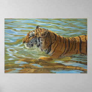 Tiger Swimming Big Cat Acrylic Painting Poster